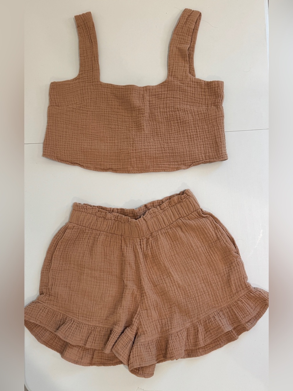 Show Me Your Mumu Brown Cotton Gauze Crop Top Ruffle Shorts 2 Piece Set Boho XS